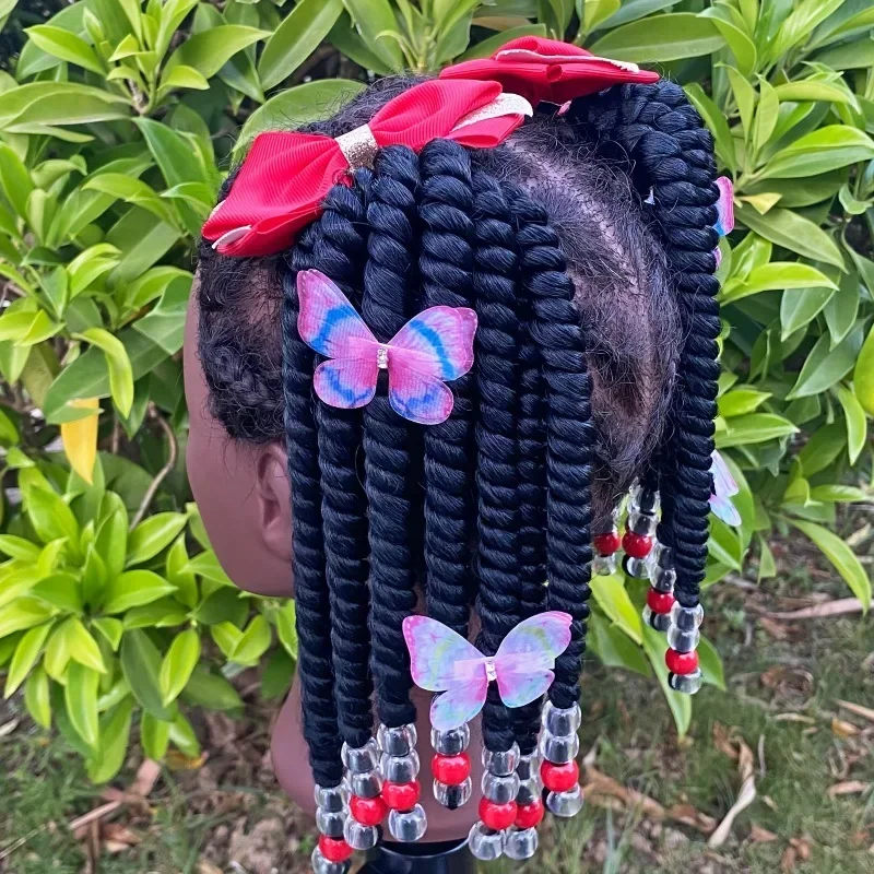 2 แพ็คผมเด็ก Twist หางม้าสังเคราะห์เลเซอร์ Glitter SHINY Bling Little Girls Braided Ponytails กับลูกปัดผีเสื้อ