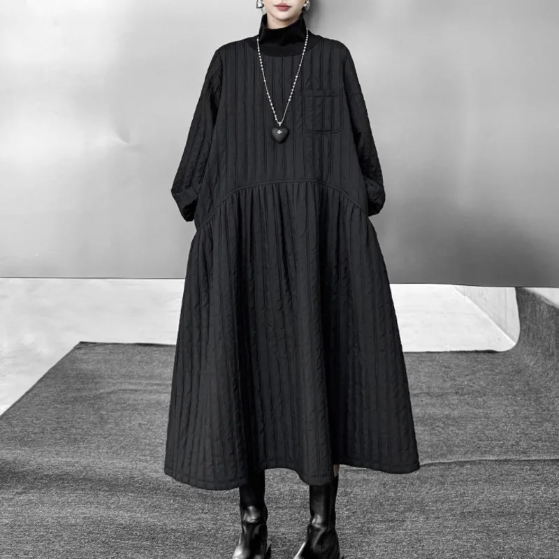 HKSH Herbst Winter Neue Frauen Verdicken Kleid Rollkragen Langarm Drapierte A-line Elegante Casual Ins Baumwolle gefütterte Kleider HK16647