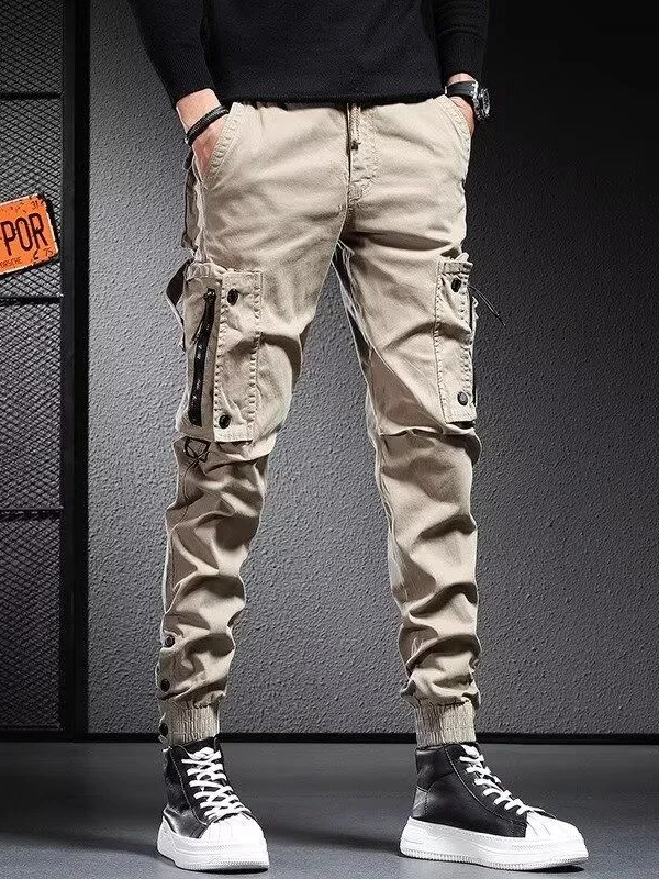 

Loose Fit Work Pants for Men Spring Autumn Casual Trousers Multi kets Durable Cargo Pants Pure Color Cuffed Workwear