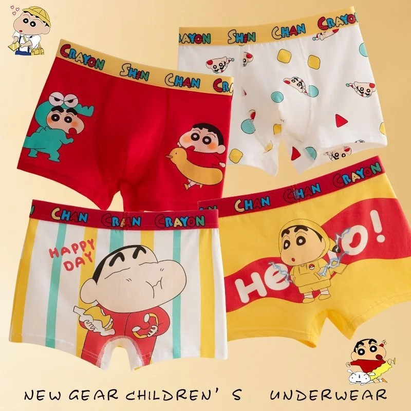 4PCS Crayon Shin-chan Children Cotton Boxer Briefs Boy Shorts Slim Fit Underwear Full Cotton Four-corner Pants Head Shorts Gift