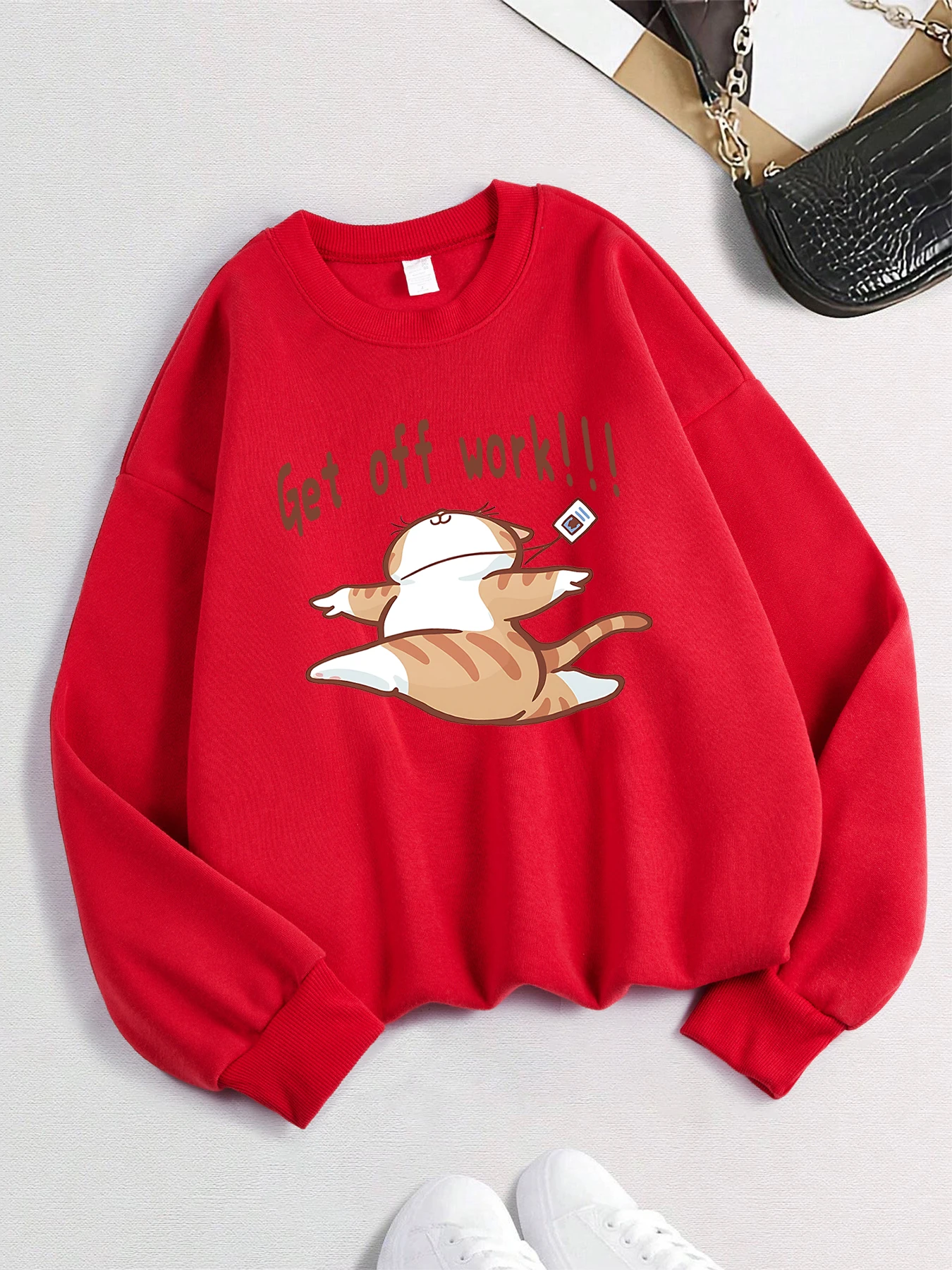 Get Off Work Happy Working Cat Print Trainingsanzug Damen Lässige bequeme Sweatshirts Herbst Winter Streetwear Cartoon Fleece Kleidung