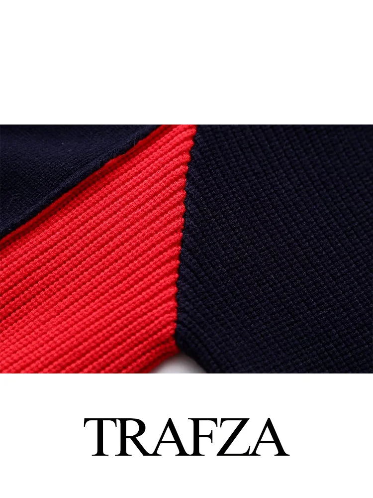 TRAFZA 2024 Female Y2K Pullover O Neck Crop Top Women Long Sleeve Fashion Patchwork Knit Sweater Spring Red Black Slim Short