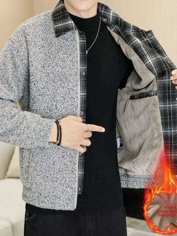 

Thiened Woolen Flannel Jaet Men's Casual ort Sle Fce Lined Korean Version Warmth Simulation Two-Piece Coat