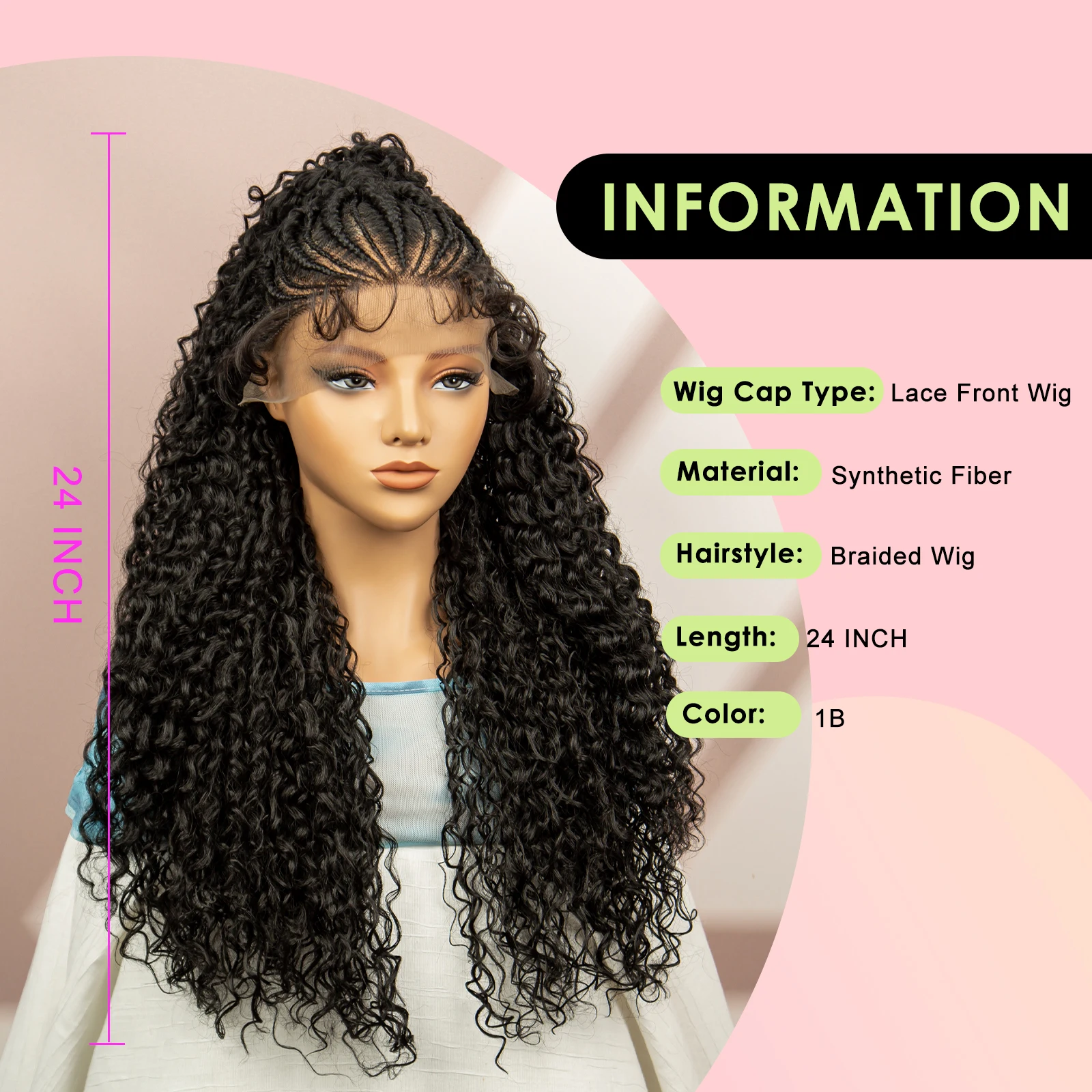 Afro Curly Braided Wigs Kinky Curly Cornrow Braided Wigs Lace Front Braiding Hair Wig with Baby Hair Natural Color Ponytail