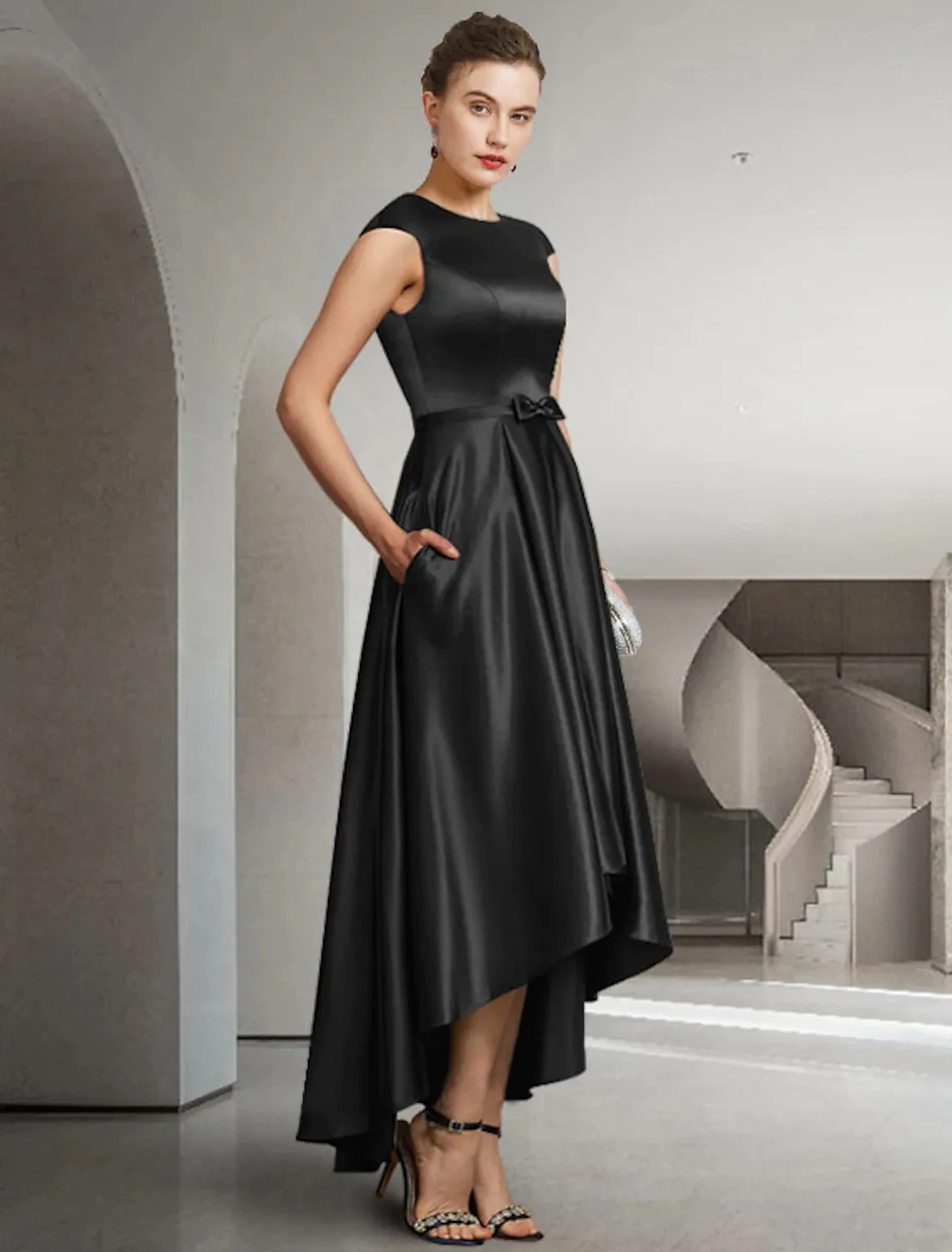 

2025 Black High Low Formal Prom Dress Jewel Asymmetrical Satin Bow Evening Party Gowns Women Robe De Soirée Customized