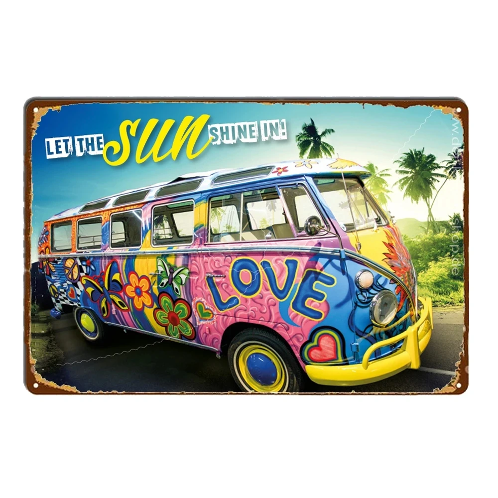 Peace Bus Beach Surfing Cartoon Wall Signs Vintage Art Metal Plate Decor Tin Sign Garage Bar Wall Plaques Decor Tinplate Poster