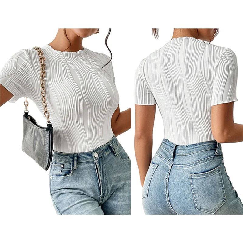 AOAO-ボディスーツ レディース クルーネック 半袖 ボディスーツ お出かけ衣装 夏 レオタード トップス カバーオール シャツ