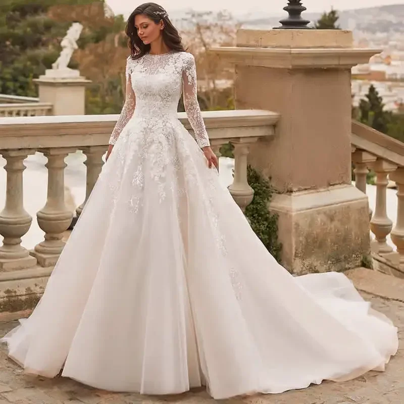 Customized Long Sleeves Wedding Dresses O-Neck Bridal Gowns Lace Appliques Floor Length Robes Glamorous Vestidos De Novia