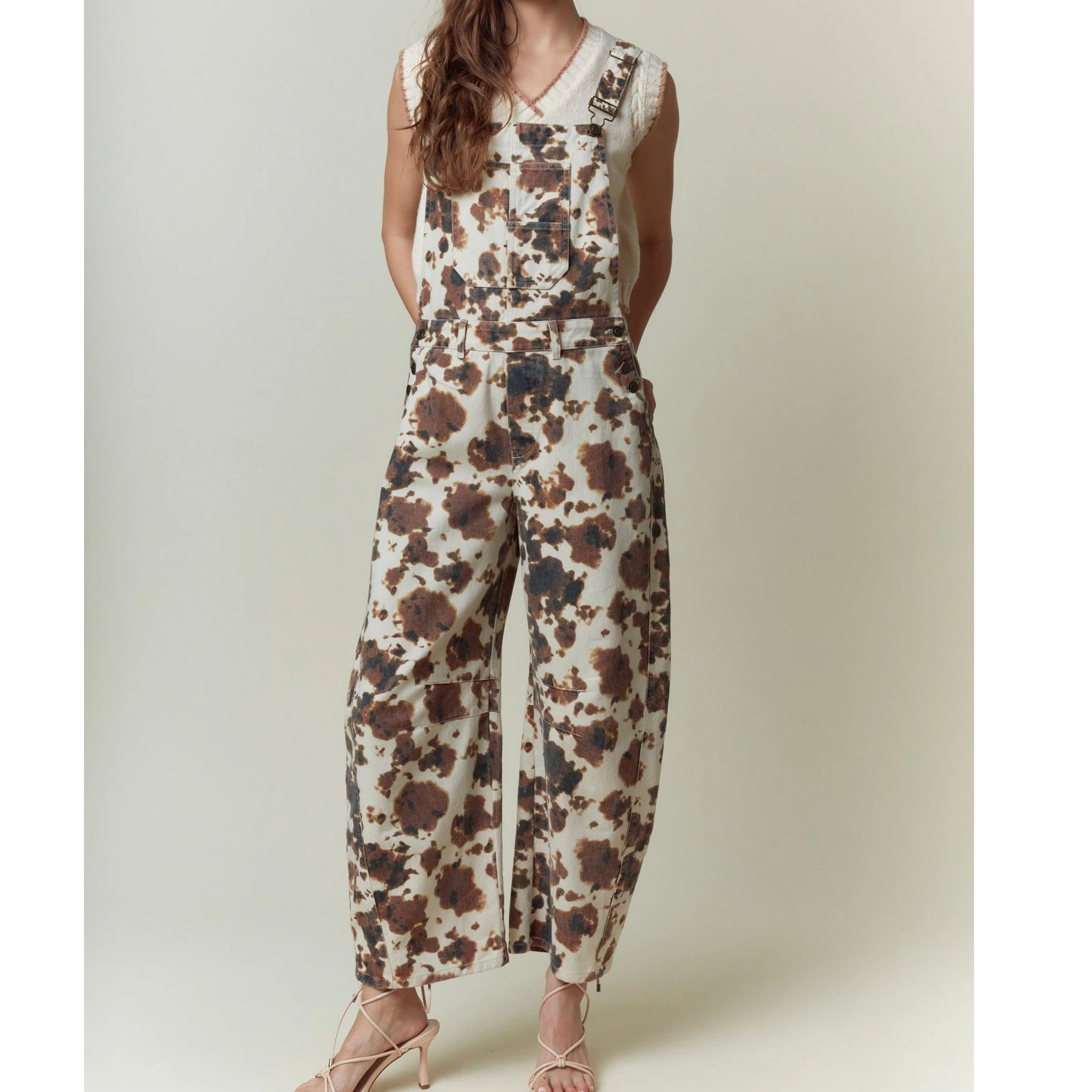 Mulheres qualidade retalhos macacões casual toda a temporada vaca impressão streetwear calças pokets