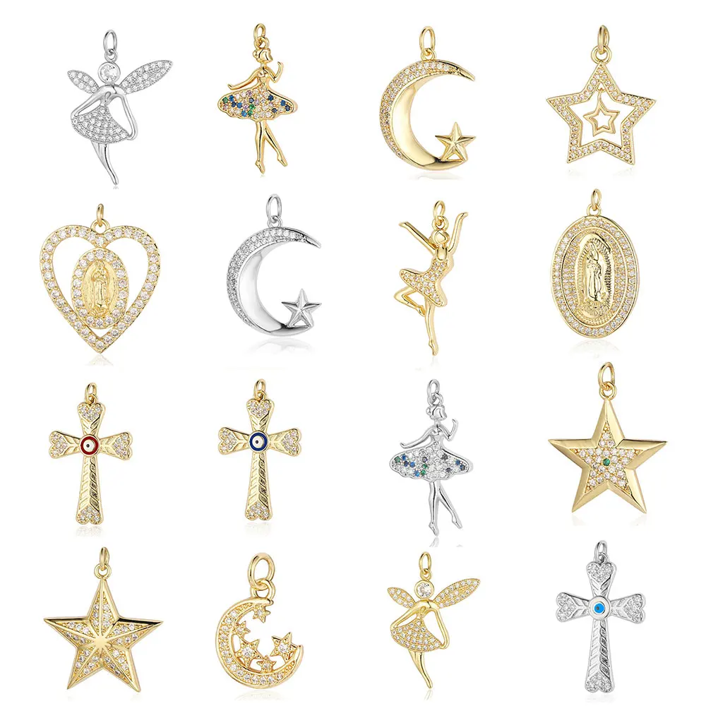 3pcs/Lot Religious Cross God Juses Copper Cubic Zircon Charm Crescent Moon Star Eye Pendant for Bracelet Earring Necklace