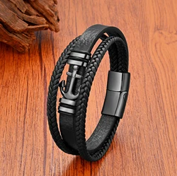 Hot Sell Personality Anchor Shape Stainless Steel Bracelets for Man Leather Wristband Bangles Women High Quality Jewelry Homme