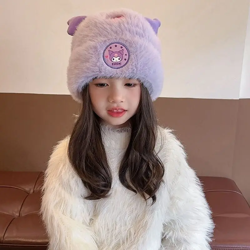 

Sanrio Hello Kitty cartoon cute mohair knitted hat creative Kawaii girls winter warm windproof ear flap hat gift wholesale