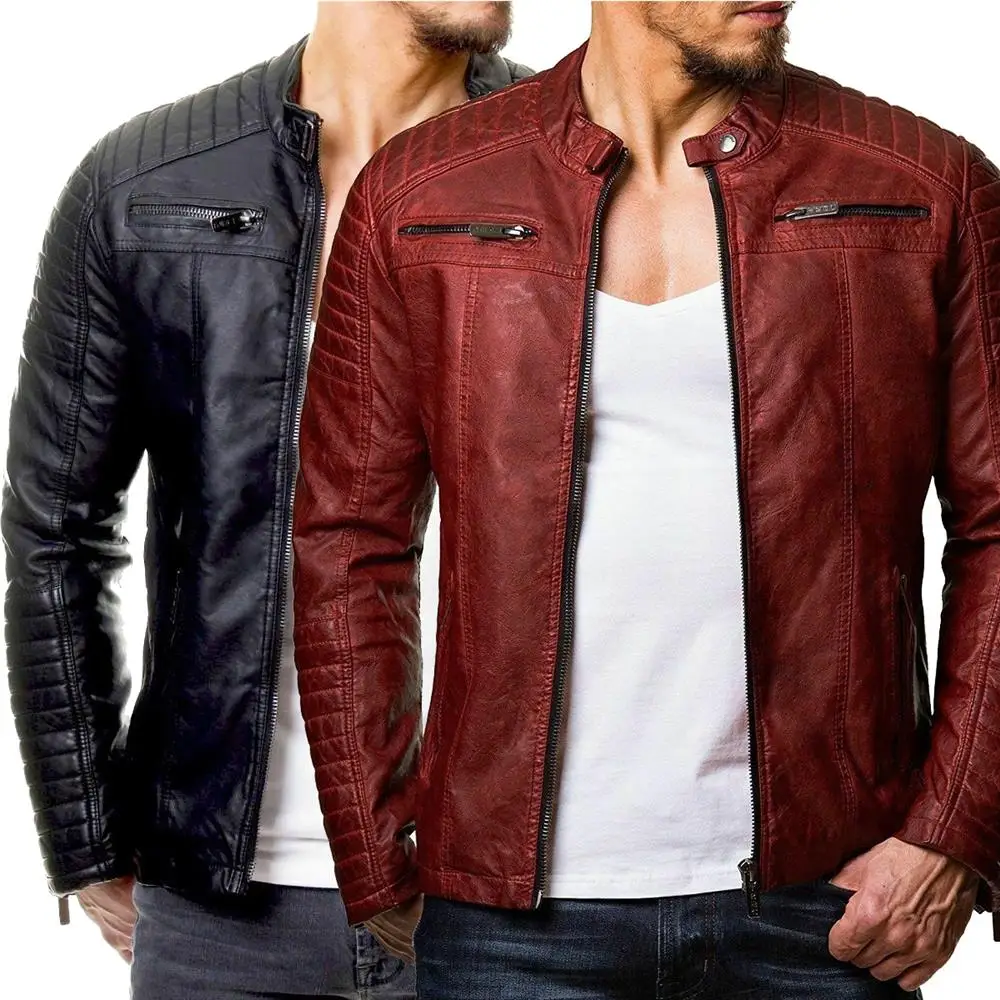 Red Leather Jacket for Men 2024 Autumn Winter Stand Collar Zipper Cardigan Slim Fit Streetwear Faux Punk Motorcycle Bomber Coats