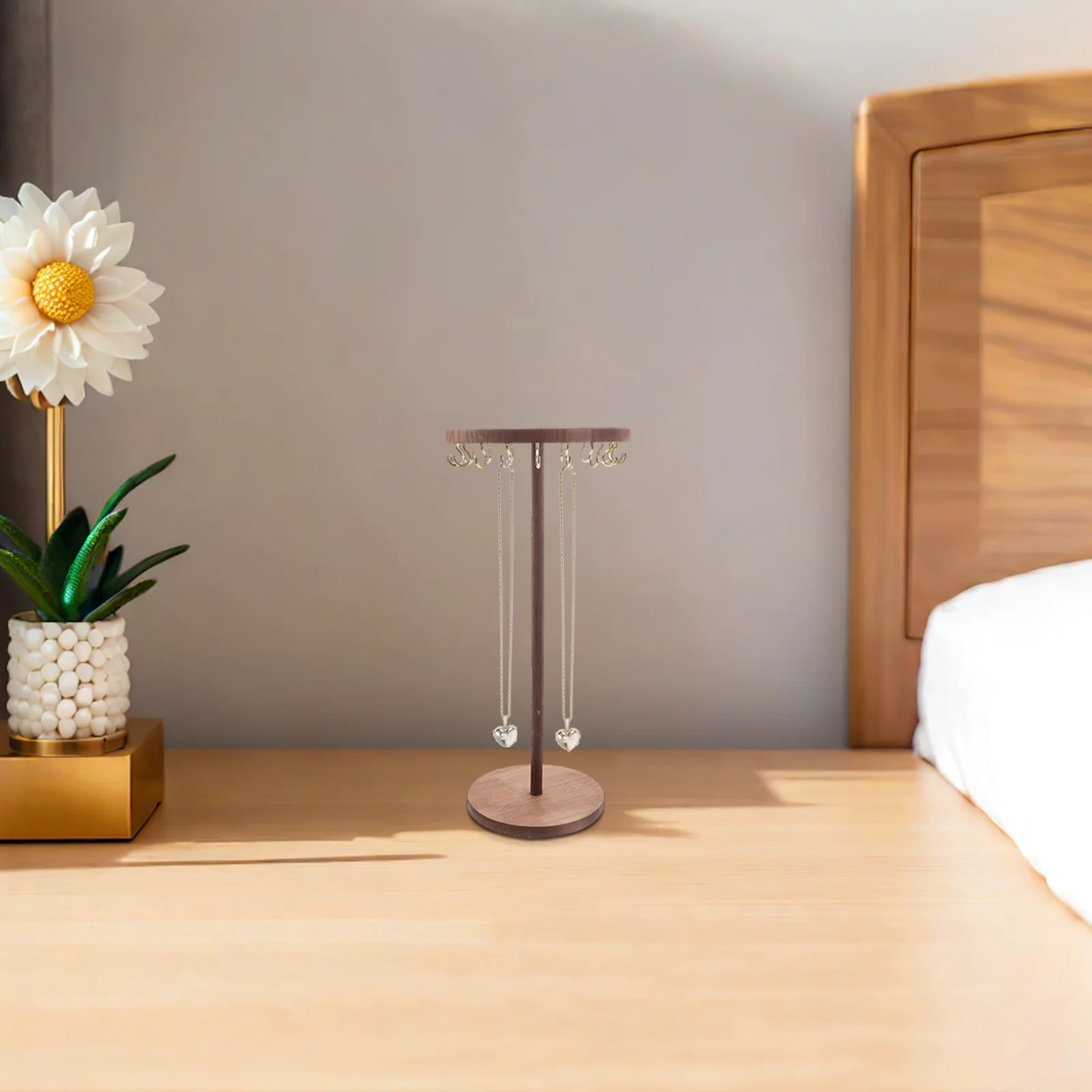 

Solid Wood Necklace Display Stand Round Hook Jewelry Organizer for Necklaces Bracelets Keychains Desktop Use Necklace Holder