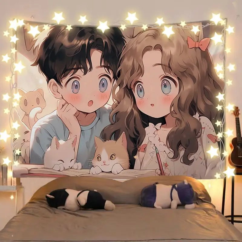 VIKAMA Night Cat Girl Couple Tapestry Cures Cute anime Background Buins Dormitory Decoration Tapestry Room Decoration