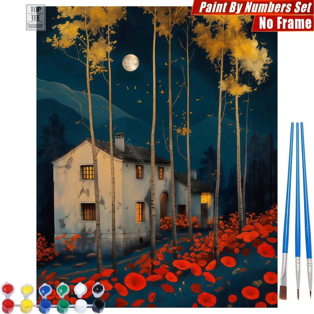 Kit de pintura por números DIY de casas blancas al luz de la luna - Casas al luz de la luna con amapolas, actividades artísticas, regalo del Día de la Madre para esposa