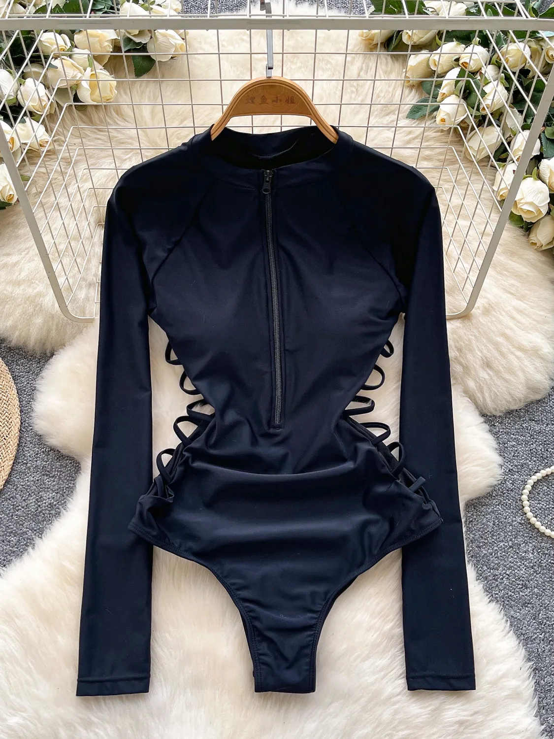 

Foamlina женский сексуальный черный боди на молнии спереди модный с круглым вырезом и длинным рукавом облегающий облегающий цельный комбинезон повседневный базовый топ