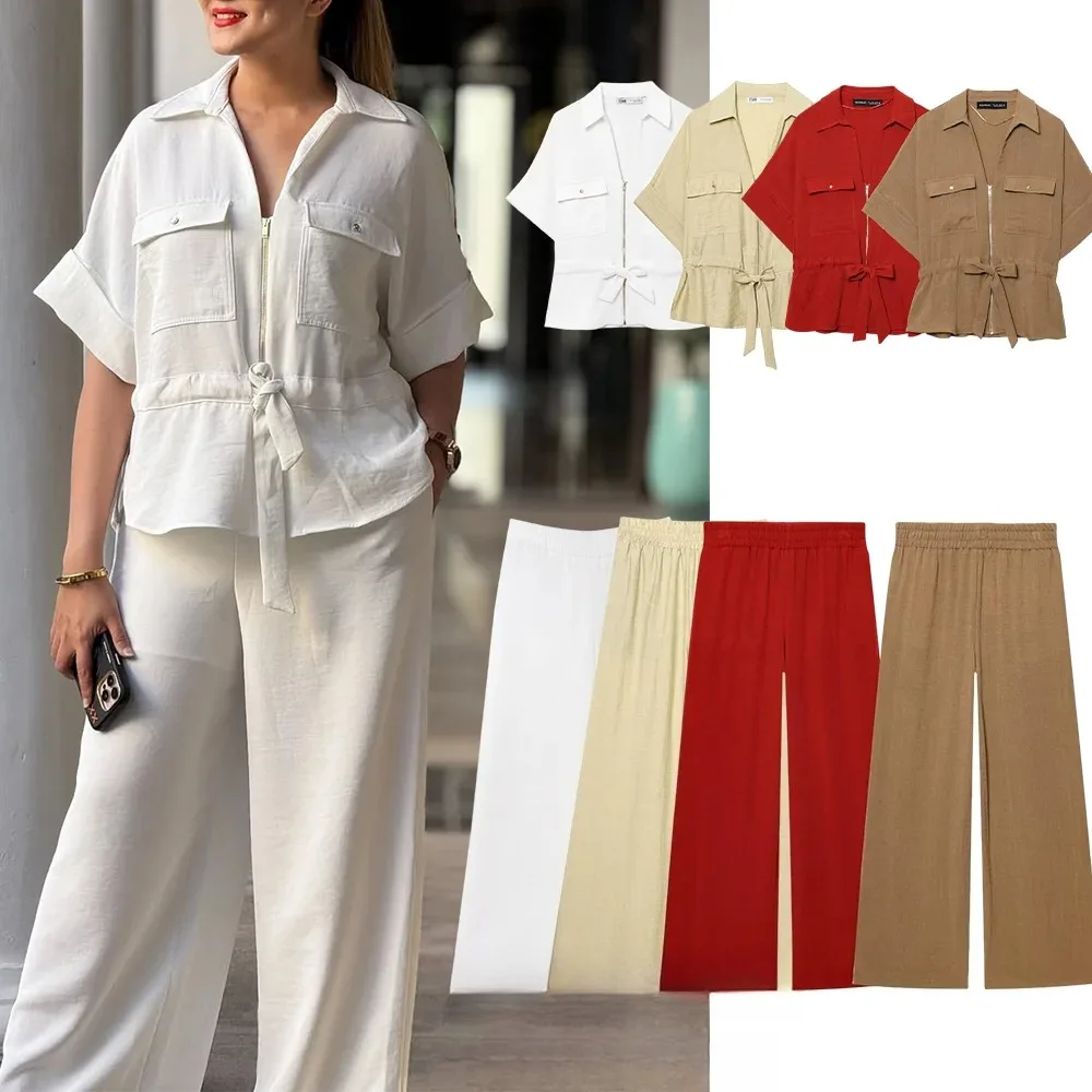 KONDALA Office Lady Women Suits V Neck Short Sleeve Zipper Jackets High Waist Wide Leg Pants Fashion 2025 Summer Autumn Suits