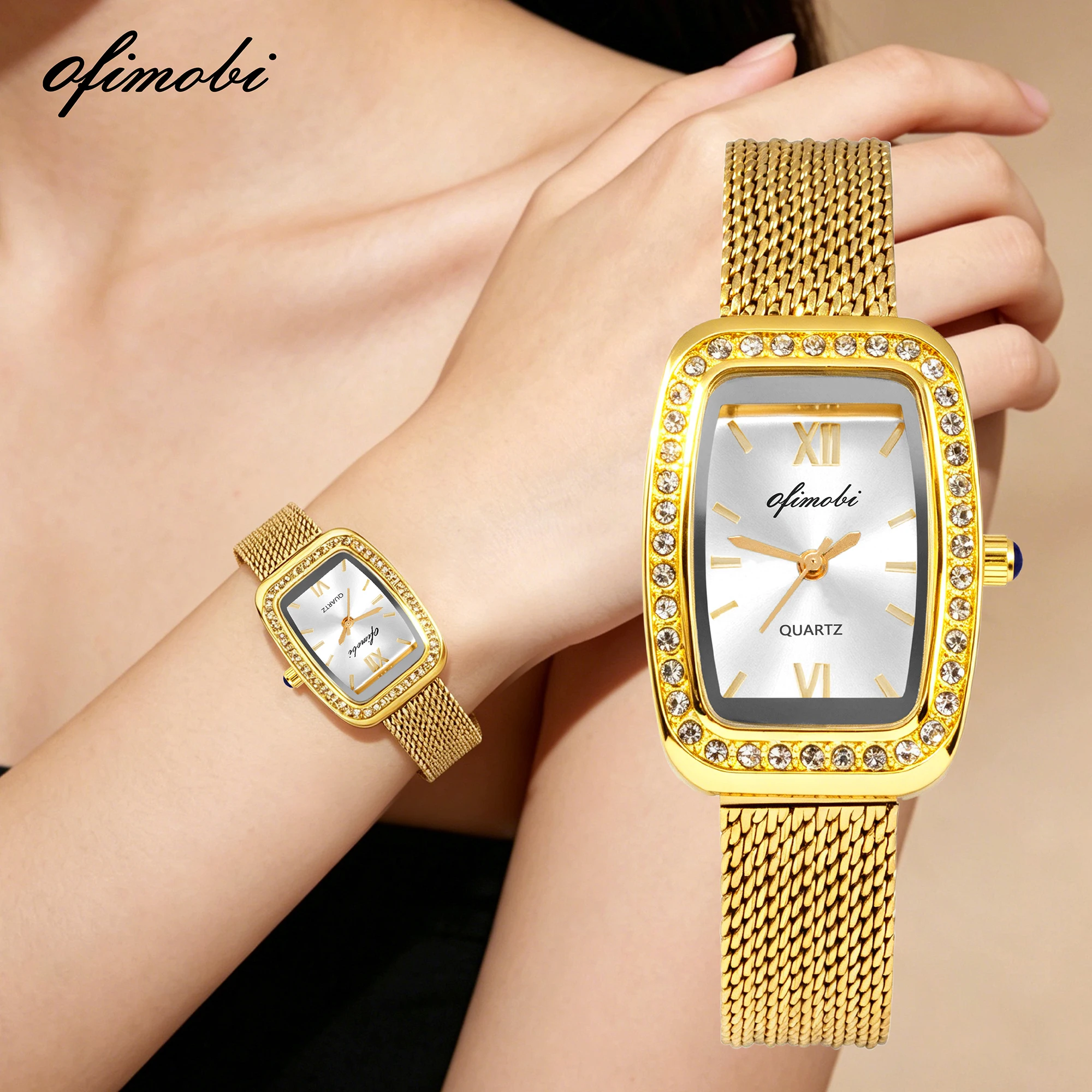 OFIMOBI Women Quartz Watch Rectangle Rhinestone Bezel Stainless Steel Mesh Strap Small Dial Fashion Bracelet Watch