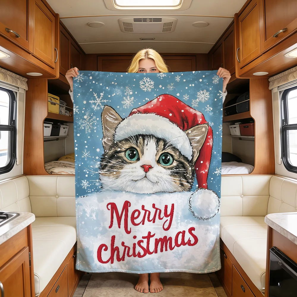 Merry Christmas Kitten Kawaoo Funny Art Cat Soft Warm Plush Blanket Dorm Sofa Living Room Hogar Bedroom Gift Nap Home Flannel