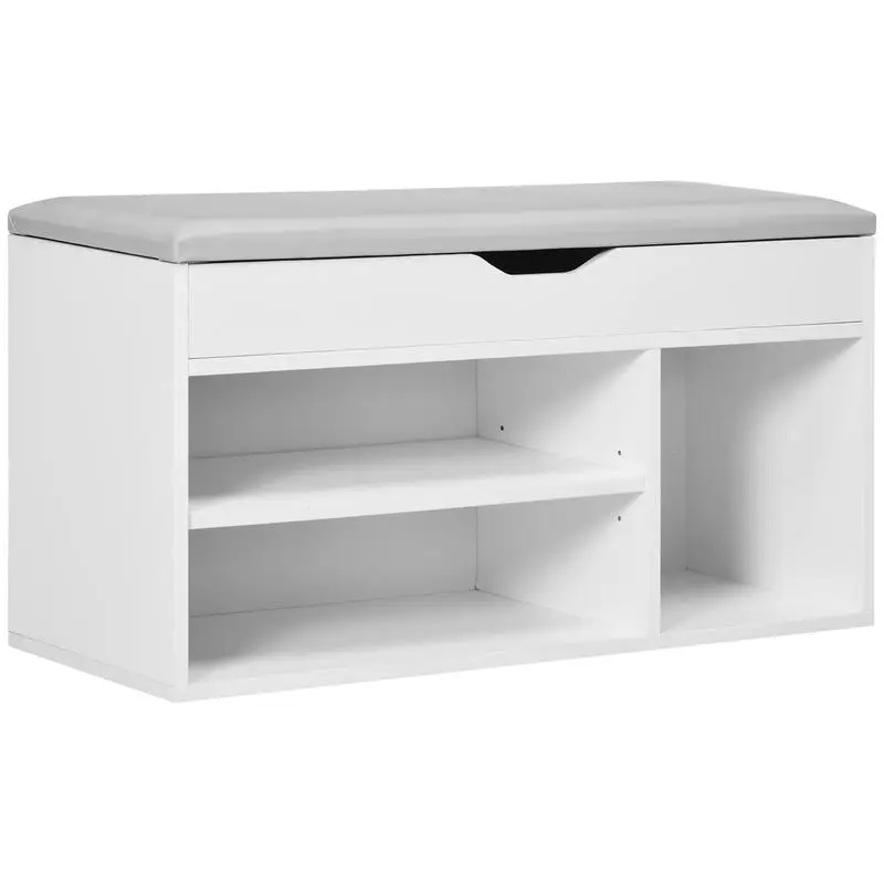 Meuble à Chaussures 2 Niveaux avec Rangement, Niche + Coffre Intégré avec Coussin Blanc