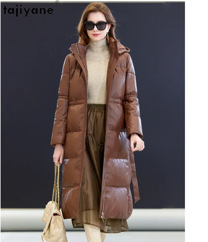 Piumino in vera pelle di tagikistan donna inverno 2023 elegante caldo lungo piumino giacche in vera pelle di pecora cappuccio parka staccabile