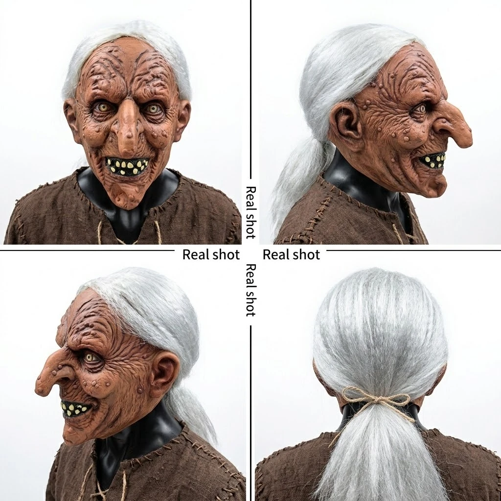 Halloween Horror Latex Mascara Terror Realista Creepy Witch Mask with Yellow Teeth Headpiece for Costume or Haunted House view 4