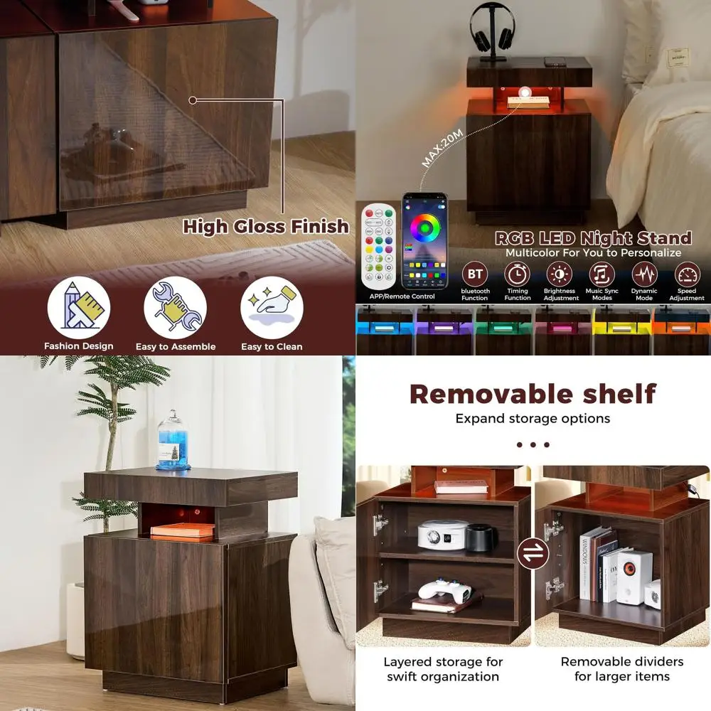 

Contemporary Walnut LED Nightstand with Storage and Removable Shelf for Bedroom