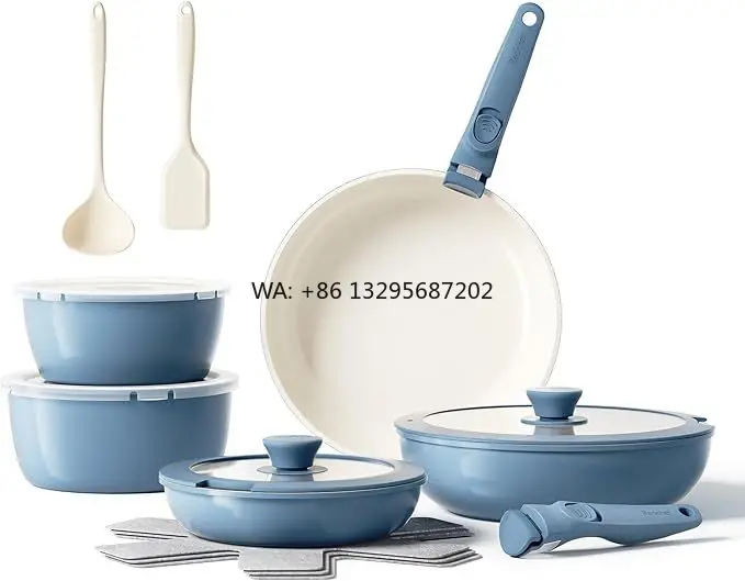 

16-Piece Classic Non-Stick Ceramic Cookware Set with Removable Handle PFAS/PFOA/PTFE Free Dishwasher & Oven Safe for Camping