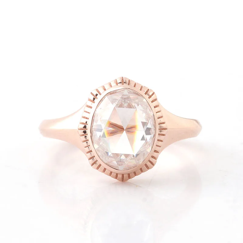 

Provence 10K Rose Gold Bezel Ring With 7*9mm Rose Cut Oval Moissanite Diamond For Women Birth Stone Ring Customize Jewelry Gift