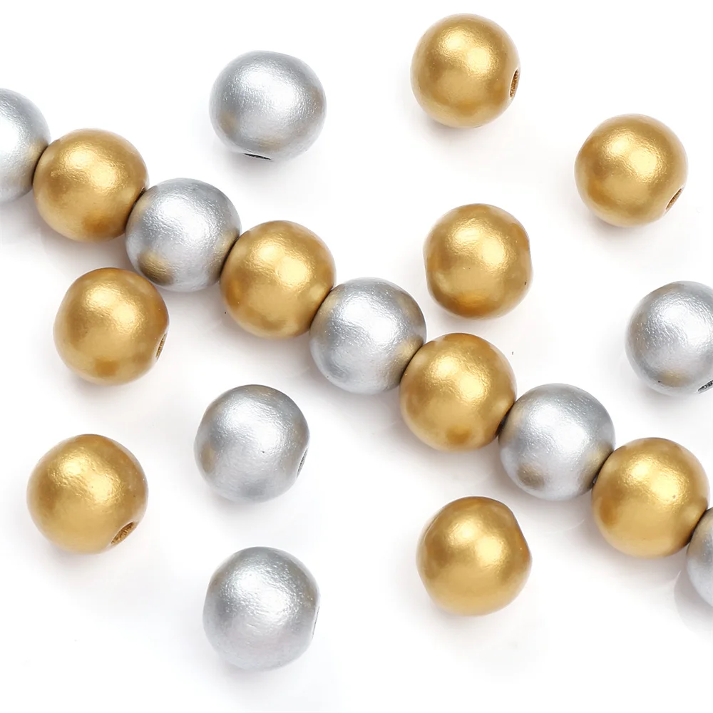 16mm 20Pcs Christmas Wooden Round Beads Golden Silvery Beads for DIY Garland Ornament Home Decor Craft Jewelry Making Supplies