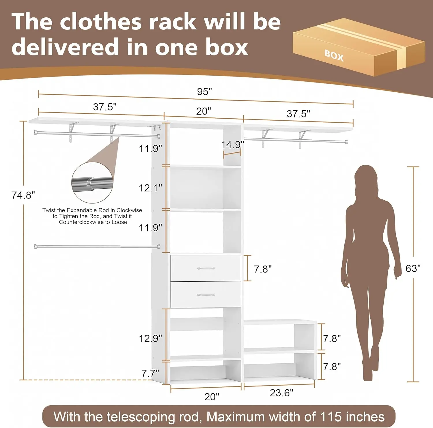 8Ft Closet System With 3 Adjustabl Hanging Rods, Walk In Closet Organizer With 2 Drawers And Versatile Storage, Wood Heavy Duty