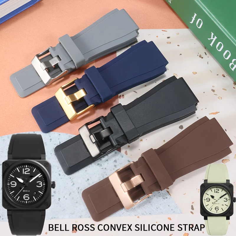 Large Silicone strap 34x24MM for Bell Ross BR01 BR03 Men's Wristband Convex Belt Bracelet 22MMdiving firmly and Non SlipSilicone