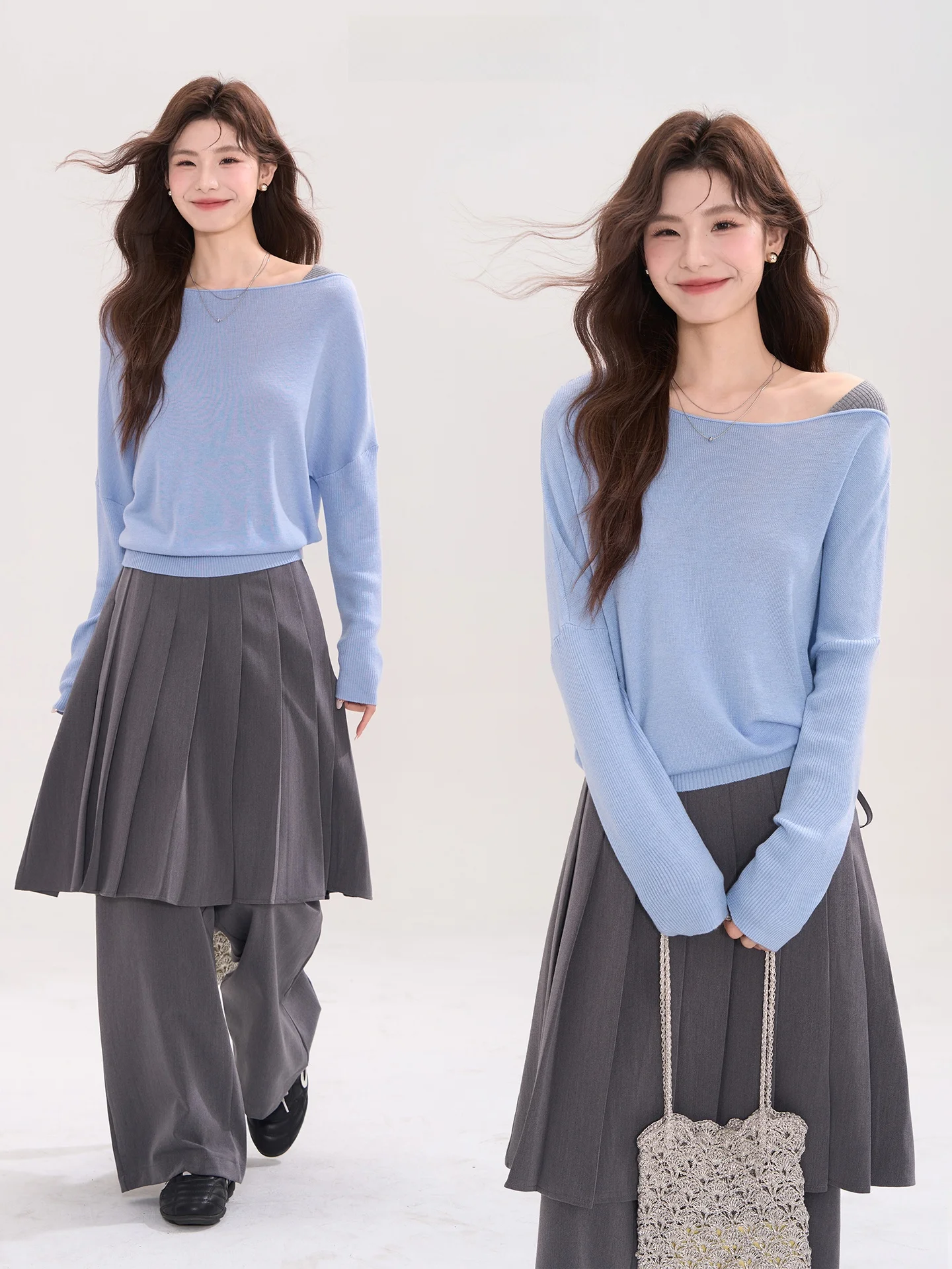 

Korean Style Long Sleeve Knitted Woolen Sweater Women's Shoulder Fake Two-Piece Spring Fashion Top Color Block Design Casual ...