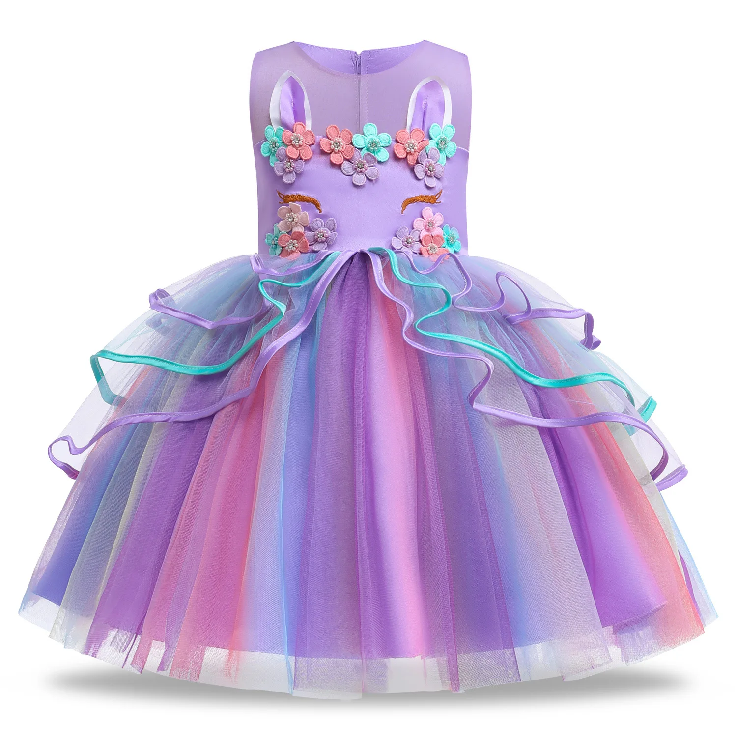 Summer Dress Girl Unicorn Cosplay Costume Children\'s Day Mesh Rainbow Tulle Princess Dress for Birthday Gift Kids Fashion Dress