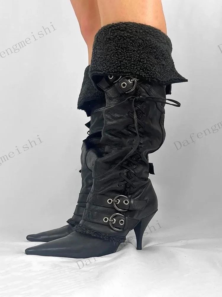 Pointed Toe Stiletto Heel Lace Up Buckle Fleece Cuff Winter Party Fashion Street-Style Boots Women Black Leather Knee High Boots