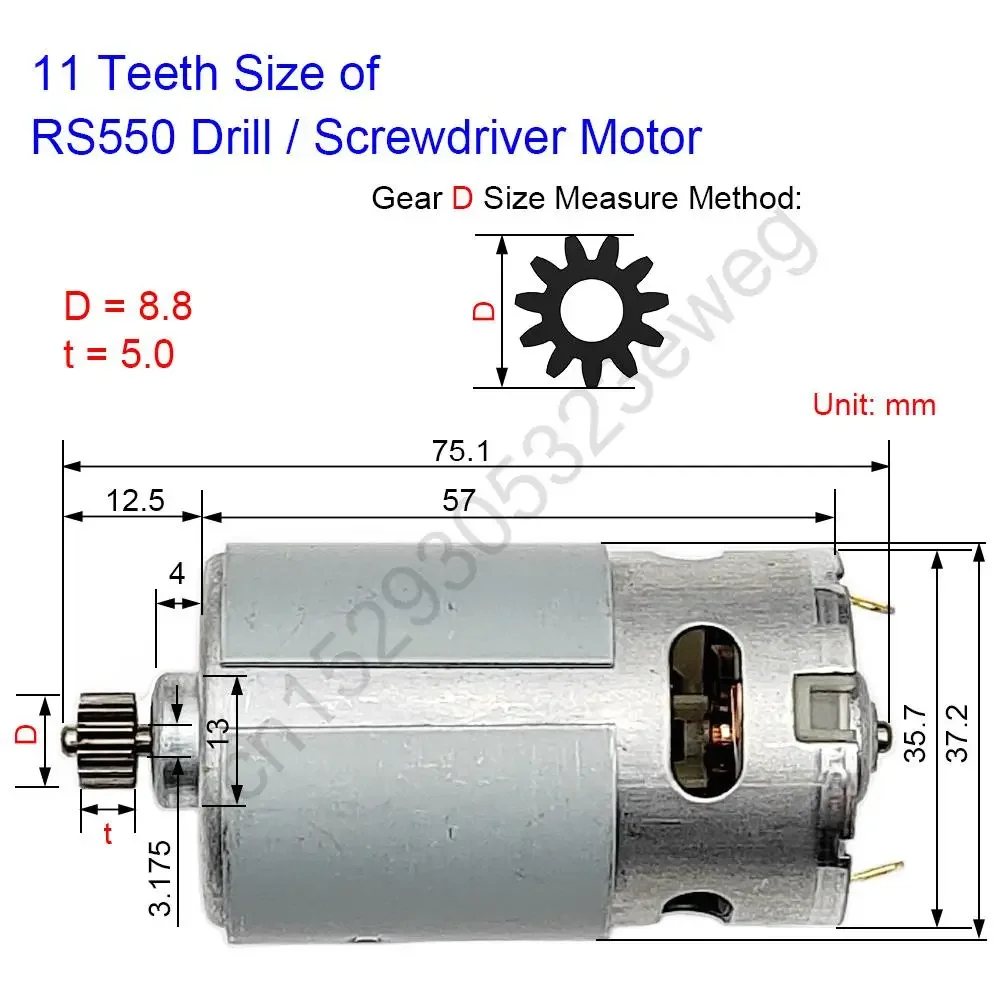 RS550 11 Teeth Drill Motor 9.6 10.8V 12V 14.4V 16.8V 18V 21V 25 V Rechargeable Li-Ion Screwdriver Replacement for Power Tool