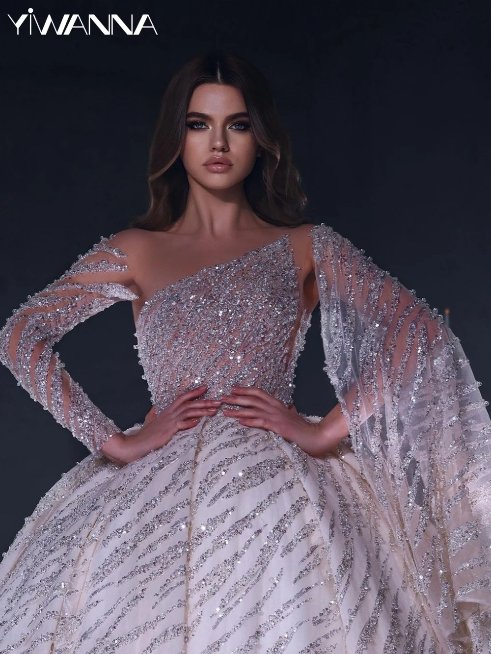 Moderne bruidsjurk met één schouder en lange mouwen Sparkly pailletten trouwjurk luxe lange bruid gewaad op maat vestidos de novia