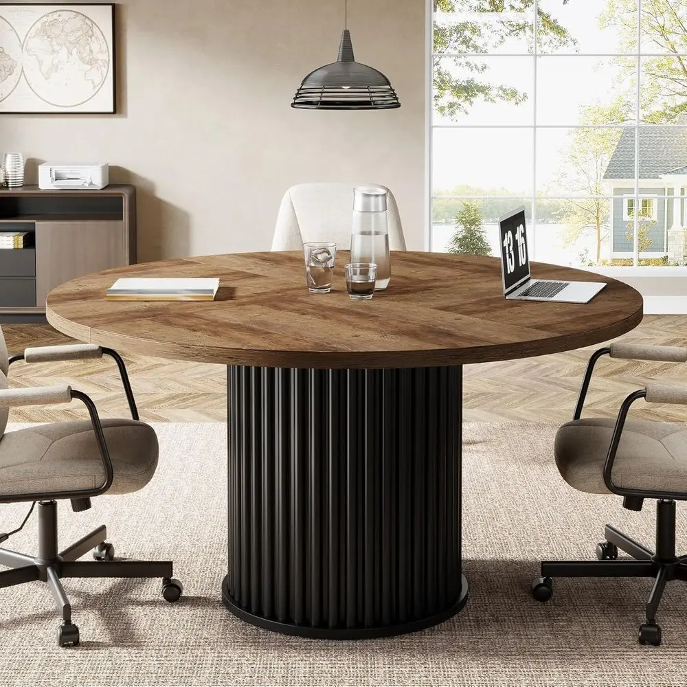 

47 Round Meeting Table for 4-6 People, Sturdy MDF & Metal Base, Ideal for Conference Rooms or Small Offices, Brown & Black