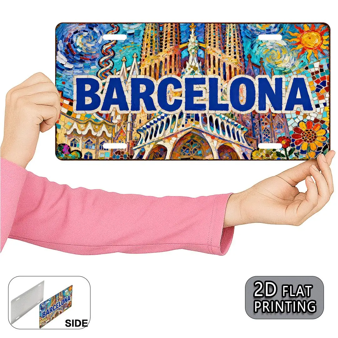 AL Barcelona Sagrada Familia Mosaic License Plate Sign - Vintage Durable Metal Plaque Wall Decor, Home Office Bar Man Cave Wall