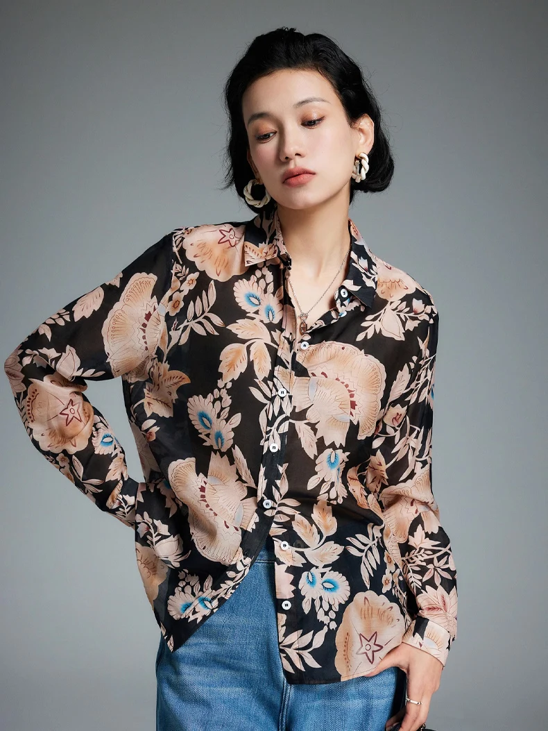 SuyaDream, Woman Floral Shirts, 30%Silk 70%Cotton, Turn Down Collar, Flowers Black Blouses, 2024 Spring Summer Top