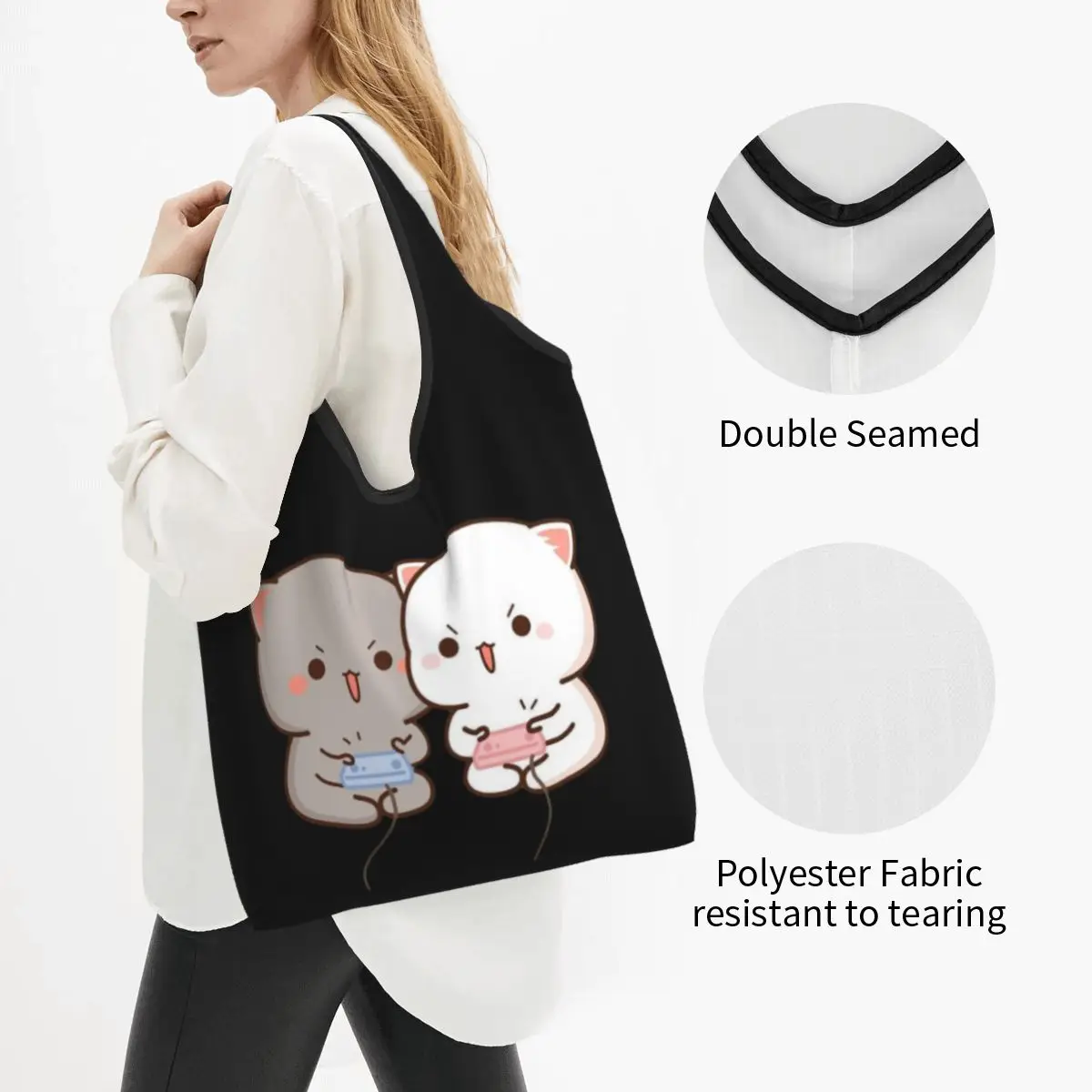 Custom Cartoon Couple Peach And Goma Mochi Cat Groceries Shopping Tote Bag Kawaii Shoulder Shopper Bag Large Capacity Handbag