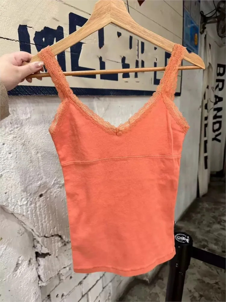 Orange Lace Trim V-neck Camisole Women New Casual Streetwear Cotton Slim Tank Tops Female Simple All-match Basic Vest Y2k Tops