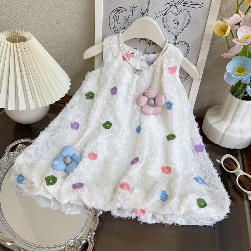 Vestido sin mangas para niña, novedad De verano, calcomanía De moda para niños, vestido veraniego De princesa con flores, Ropa para Niña, Ropa para niños
