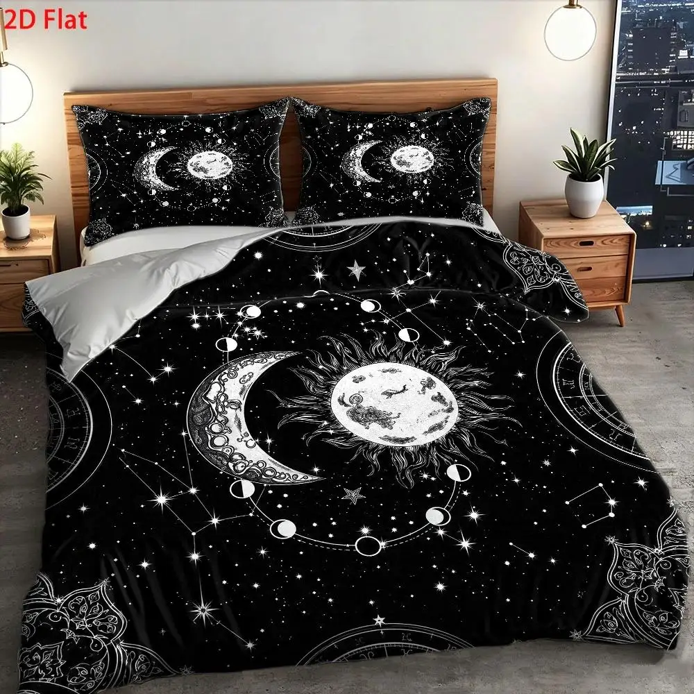 3Pc Mysterious Star, Moon, and Sun Constellation Printed Quilt Cover Set, Bedding Three-Piece Set (1*Quilt Cover + 2*Pillowcases), Quilted Quilt Cover, Skin-Friendly and Breathable, Zipper Closure, Easy to Clean, Durable, Machine Washable, Soft and Comfortable, Wrinkle-Resistant, Suitable for All Seasons, Modern Minimalist Light Luxury Style Bedroom Decoration, Personal Bedding Large Quilt Cover Set, Suitable for Home Master Bedroom, Guest Room, Student Dormitory, Nordic Style 3Pcs Bedding Set, Cozy Home Decor