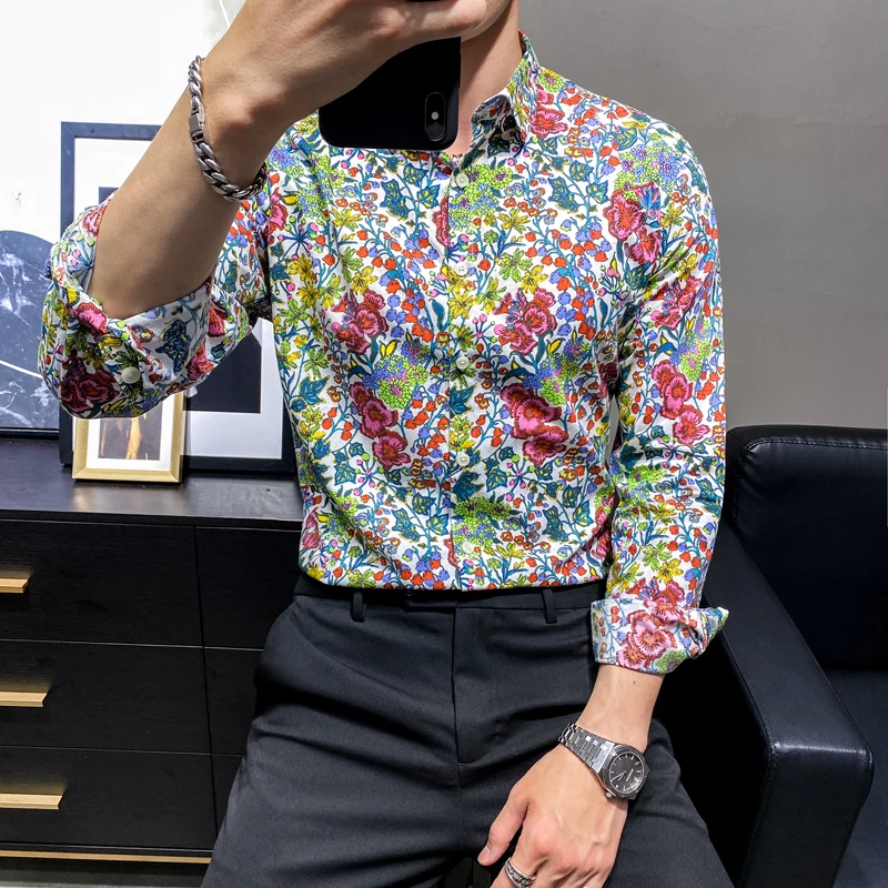 100% Cotton Men Floral Shirts Dress Autumn Summer Flower Print Long Sleeve Button Up Male Casual Shirt Stage Banquet Street Wear