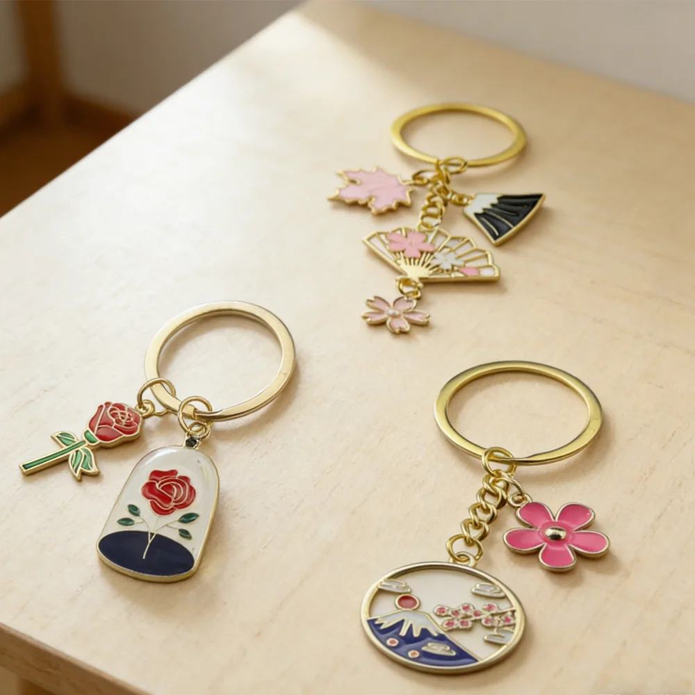 Cartoon Keychain Japan Fuji Mountain Sakura Key Ring Flower Enamel Key Chains Souvenir Girl Friend Sisters Gift for Women