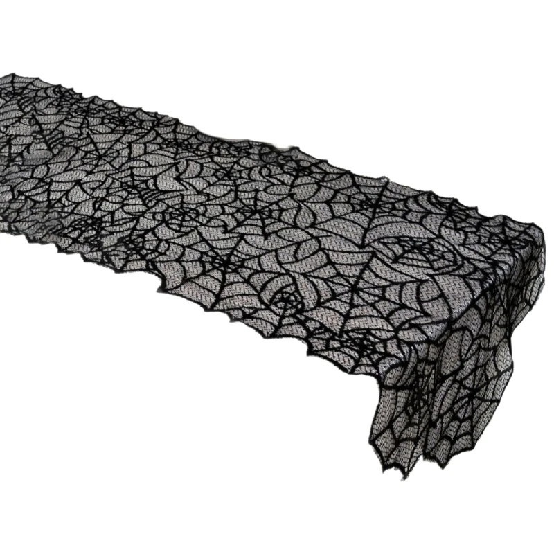 F26C Spiderweb Table Runner for Halloween Decors, Black Lace Polyester 19.7 X 78.7 In for Long Dining Tables, Buffets and