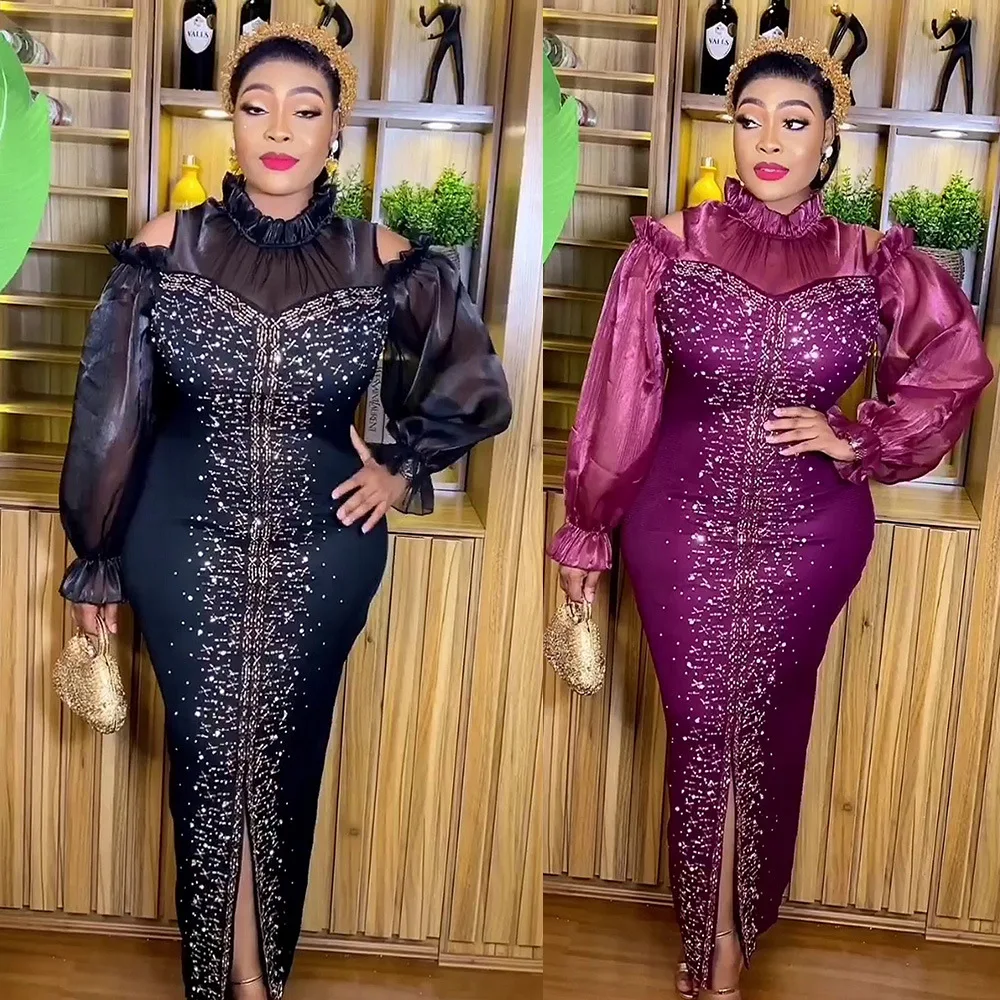 

Gown Dress Women Long Dresses Party Night Vestidos Streetwear Elegant Splice Y2k Stand Collar Puff Sleeve Hot Drilling 2025