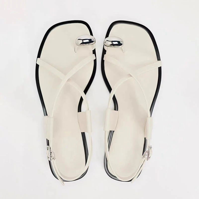 TRAF Metal Pinch Toe White Flat Roman Sandals Square Head Open Toe Cool Shoes For Woman Summer Thin Straps Buckle Women Sandal